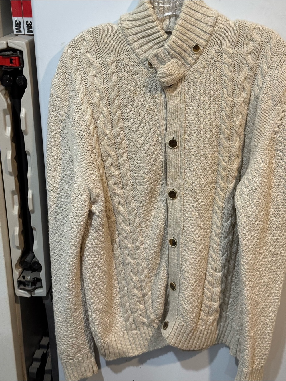 Massimo Dutti Cream Cable Knit Button-Up Men's Sweater